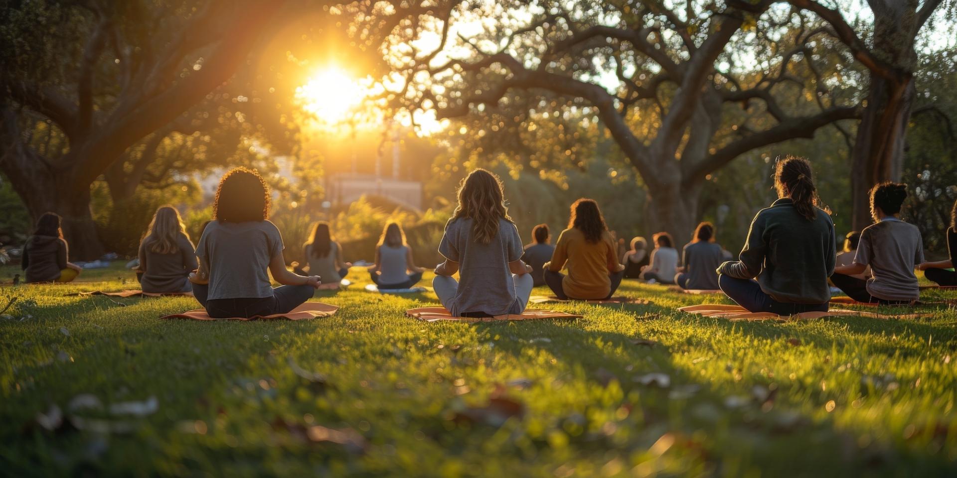 Group people yoga mats park sunset with natural backdrop